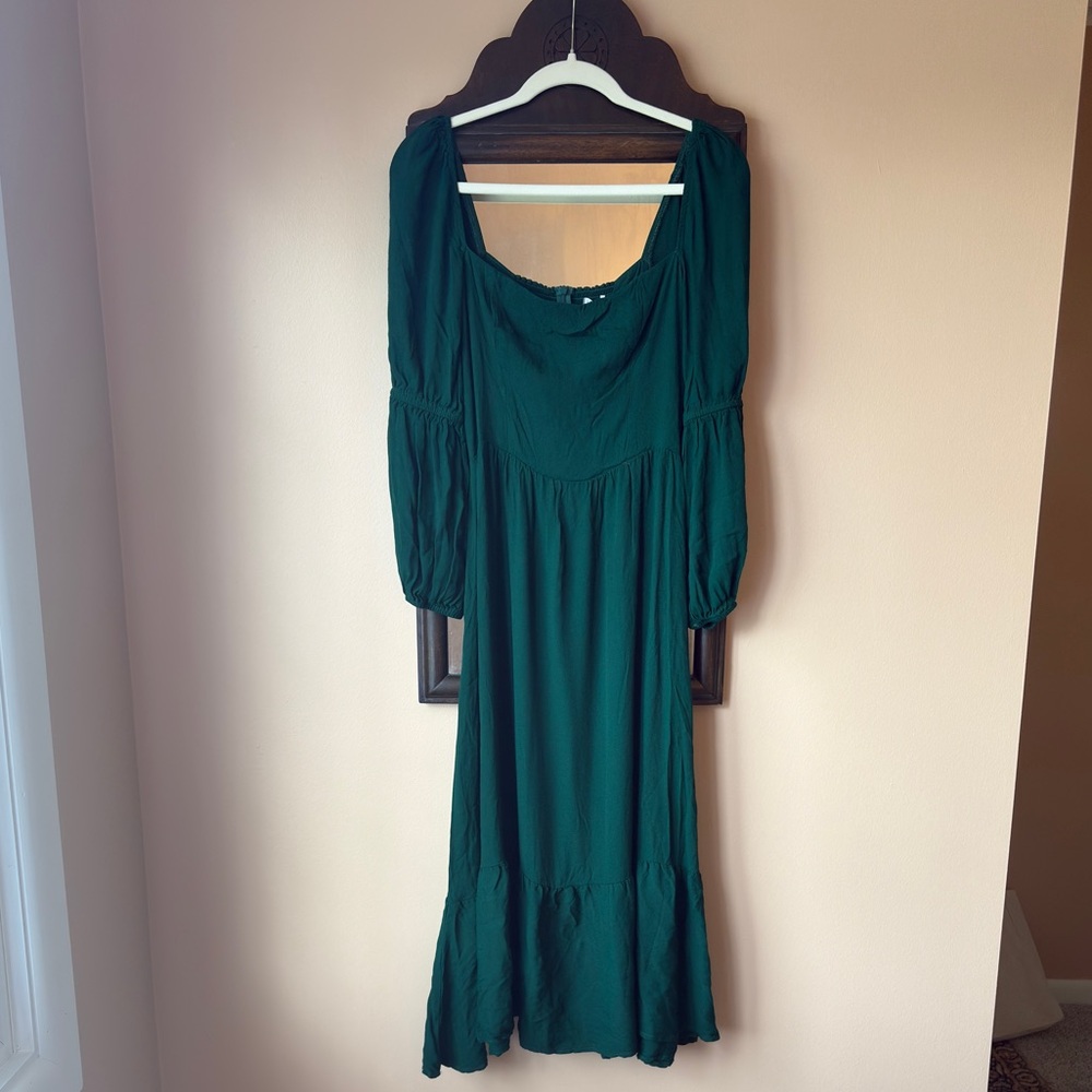 New Reformation Mica Puff Long Sleeve Emerald Green Midi Dress Sz 8 Square Neck - Picture 5 of 11